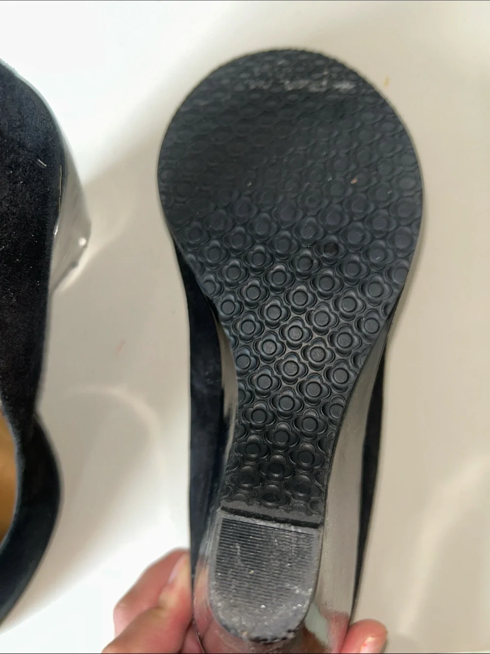 Bandolino Black Suede Wedge Pumps with Gold Interior size 8